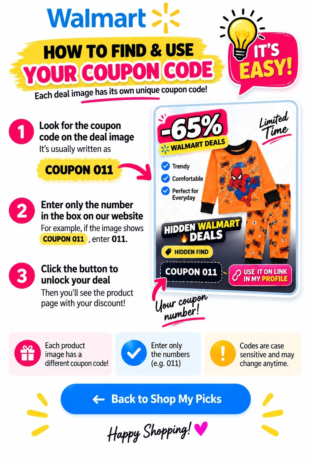 Instructions showing where to find the unique coupon code on each deal image and how to enter it
